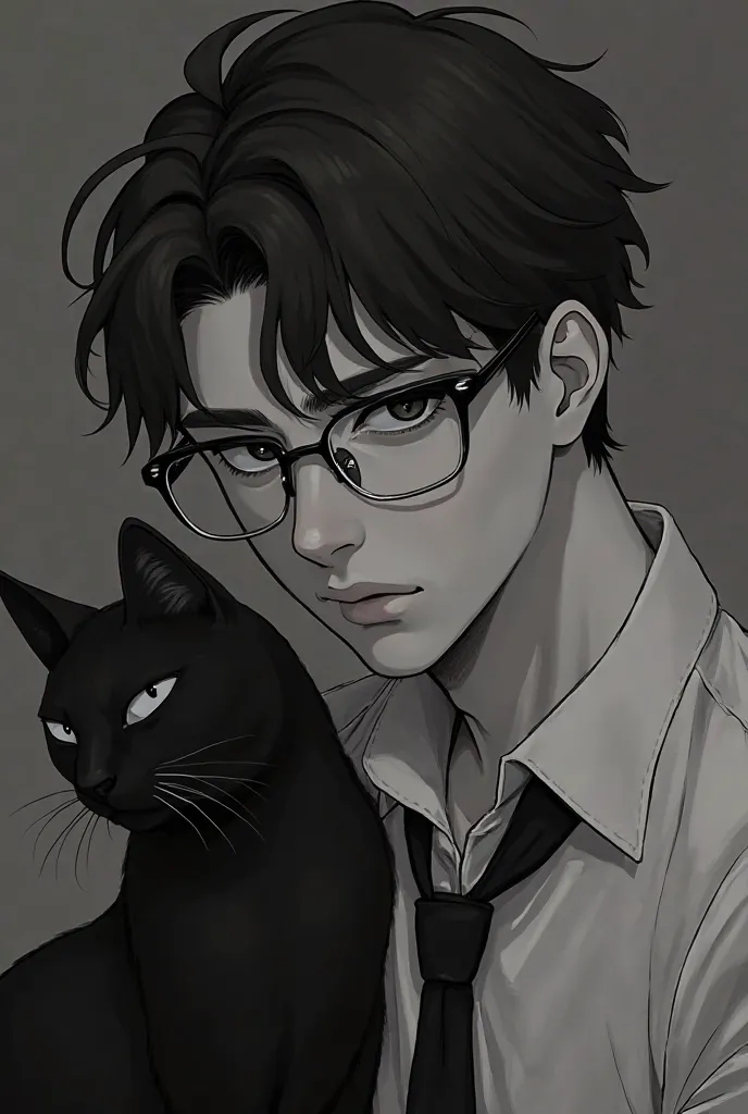 Introvert man with black cat Black tone picture Anime Man Wearing Glasses Not Smiling