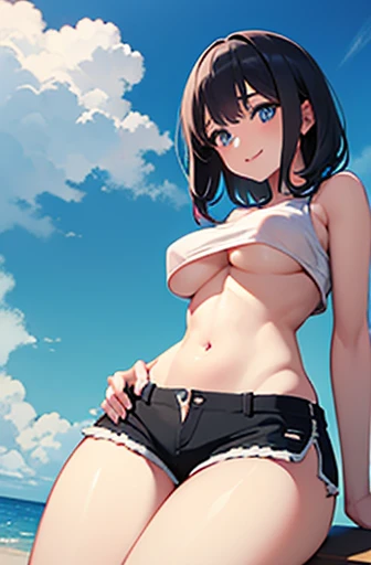 1 girl、cute、smile、 blue eyes、 black hair、(shortcuts)、 white camisole that floats above the sea、black dolphin shorts to play at the beach、beautiful breasts、(underboob)、 nudes、( front view)、watching viewers、( composition seen from below)、digital art、