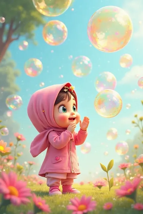 3d cartoon 
A playful baby girl in a pink hijab blows big, colorful soap bubbles in the air. She claps her hands as the bubbles float and sparkle in the sunlight. Some bubbles land on flowers, reflecting the bright colors of nature.