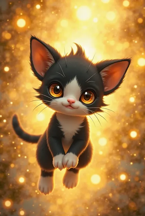 Create an image of a Pokémon-style black and white kitten ,floating in a fun pose,on a psychedelic gold background

