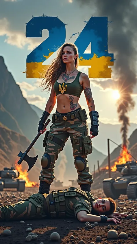 An all over the body Tatooed with Ukrainian trident motif heavily armed with rifles and battle axe Ukrainian female soldier lookalike Gal Gadot face in a wide open camouflage combat top of ukrainian defense Army over her shoulder holds a battle axe in her ...