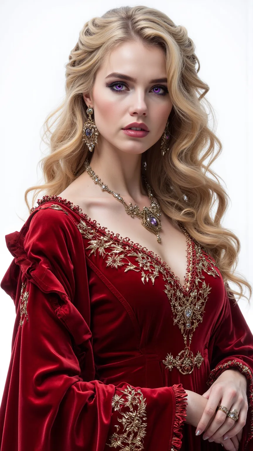 Genna Lannister is a mysterious woman，shows her in a smooth and delicate outfit，adorned with intricate jewelry，including her elegant and gorgeous brooch，wears a stunning red velvet dress，adorned with brilliant gold embroidery。Her golden hair radiates dazzl...