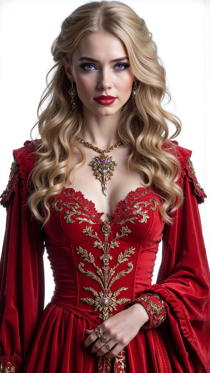 Genna Lannister is a mysterious woman，shows her in a smooth and delicate outfit，adorned with intricate jewelry，including her elegant and gorgeous brooch，wears a stunning red velvet dress，adorned with brilliant gold embroidery。Her golden hair radiates dazzl...