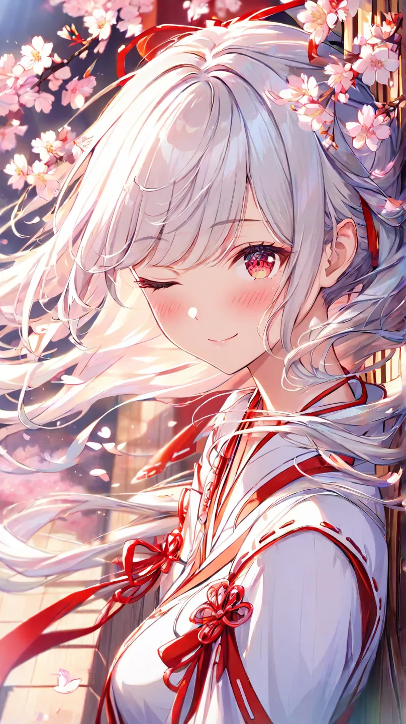  (masterpiece), ( TOP QUALITY ), ( very detailed),(),(illustration), ( 1 girl)  gently staring ,   Scarlet Eyes with Beautiful Details, Delicate beauty,  色とりどりに咲くflower (Shine),  focus on the face( wink、Close one eye), bangs,  flower,    flowing hair ,  ve...