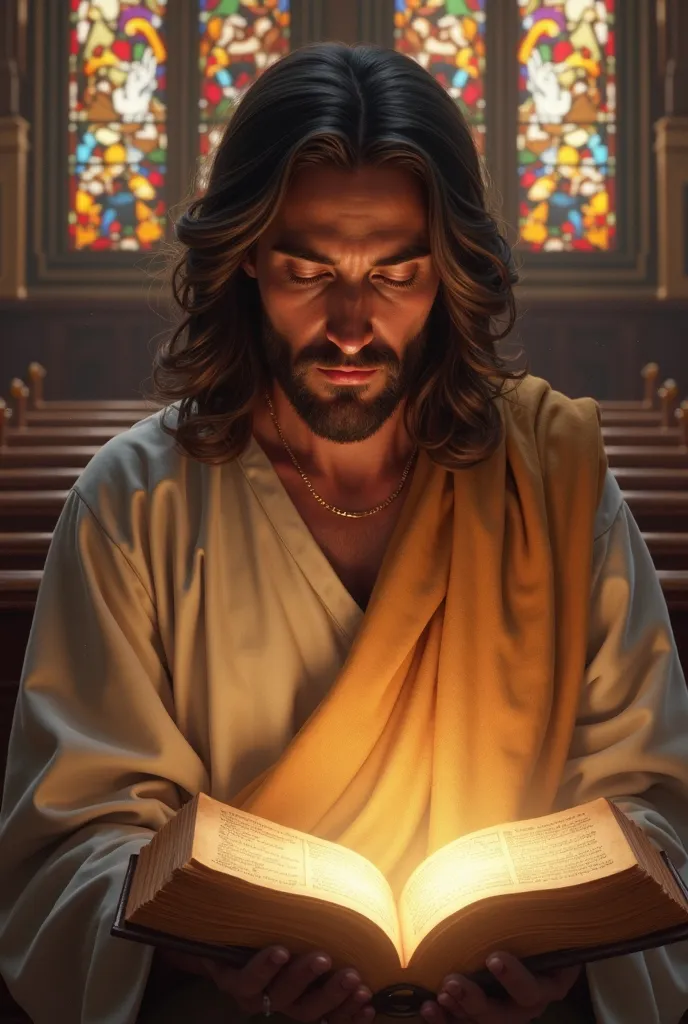 Jesus looks at the happy Bible, in a church