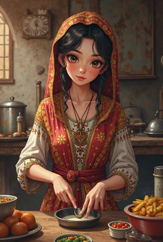 I want a picture of a 30-year-old Moroccan woman who looks like an anime, wearing an old and authentic Moroccan caftan. The woman prepares food on an old night 