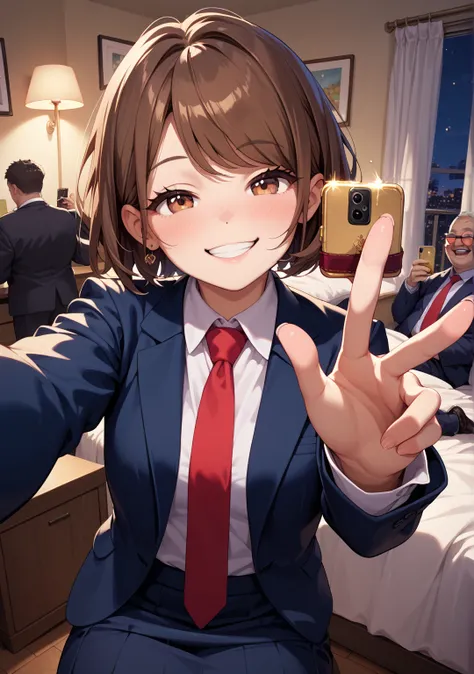 Selfie,one girl, suit, skirt,night,short hair,brown hair, brown eyes, swept bangs, Selfies,A very fat old man is looking this way, tie, drunk,cheers,sit, bedroom