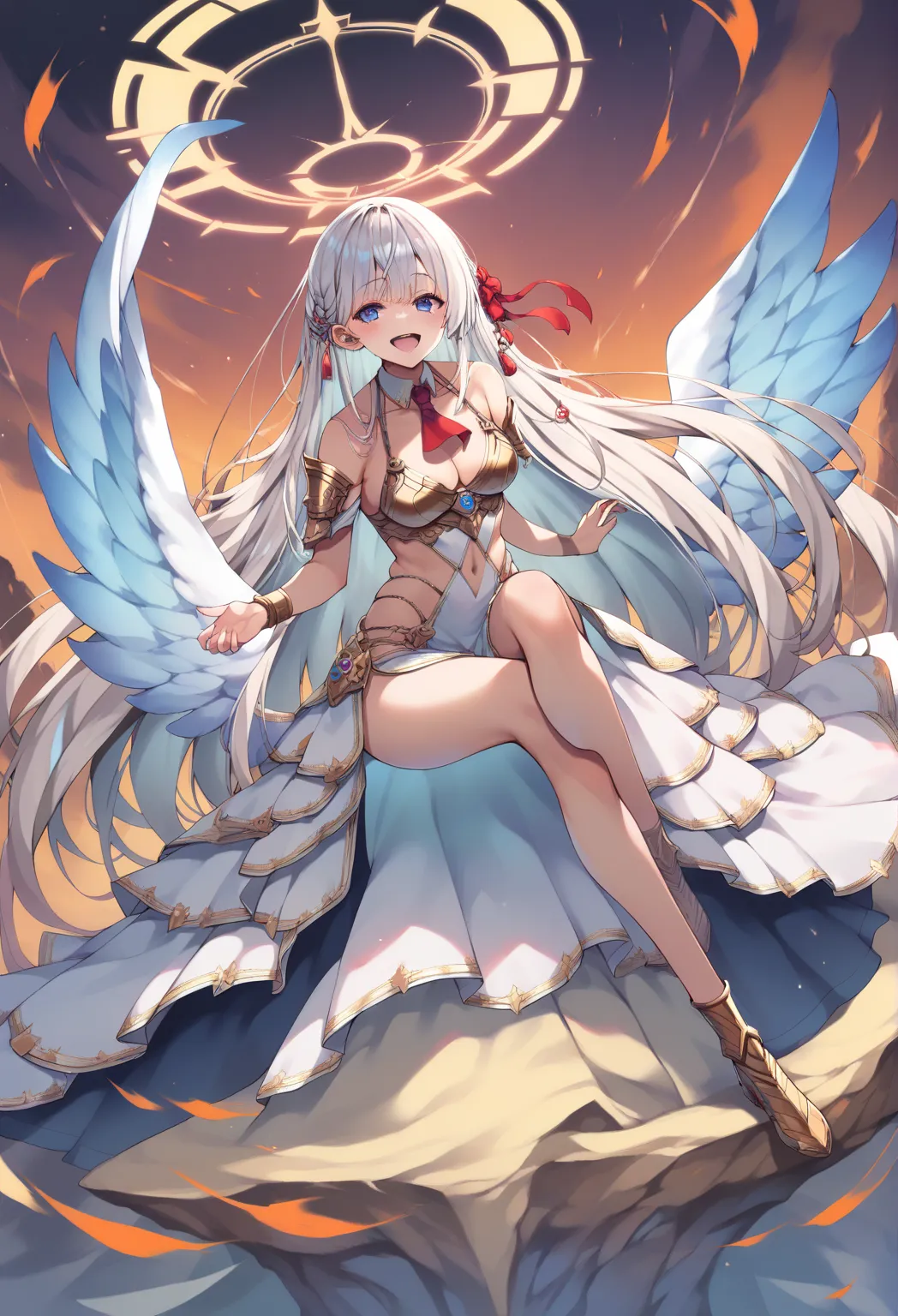  points  _9,  points  _8_go up ,  points  _7_go up , source _anime,1pcs,deity,mythology,Goddess, Mature Women ,white hair, Red Ribbon Tie Hair,blue eyes,gorgeous transparent white dress,bikini armor,laugh,laugh mỉm,halo on top,blue white wings,young girl, ...