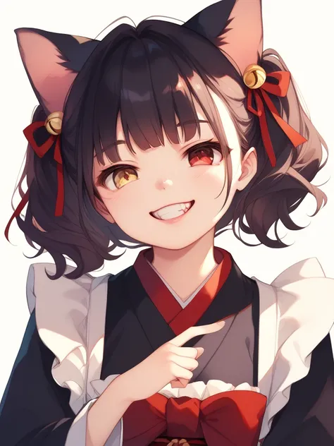  dog ear、Young face、Japanese maid clothes、Black Tail、 red eyes、Curled up、 dark hair、 double teeth、smile、golden eyes、 red eyes、Cat&#39;s Mouth