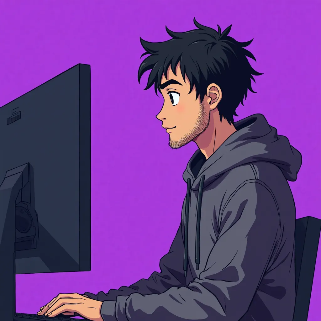 Create a side profile image of a man in his 30s wearing a hoodie, with a light beard, black hair, and black eyes. The man is looking straight ahead at a computer screen. The background is a solid, vibrant purple. The overall style is clean and detailed, ty...