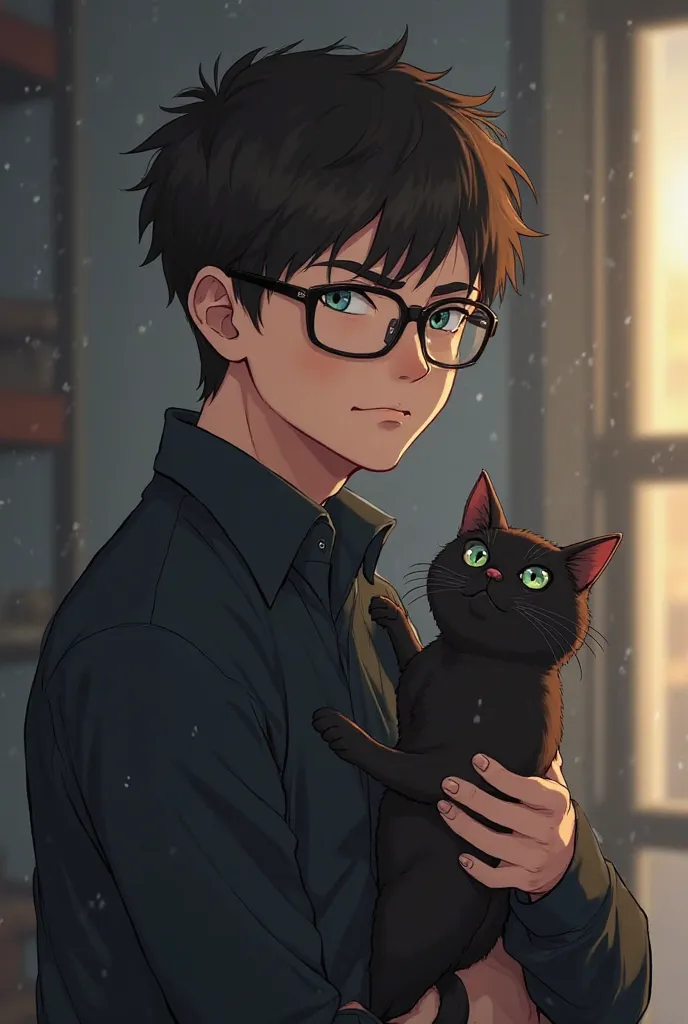 Introvert man with black cat Black tone picture Anime Man Wearing Glasses Not Smiling