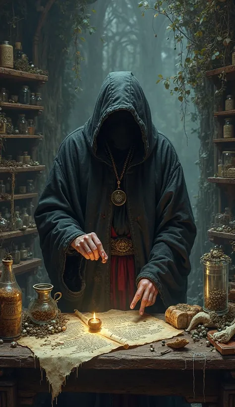 Ancient medieval medicine being prepared in a dark and eerie setting, strange artifacts, bones, and old scrolls.
