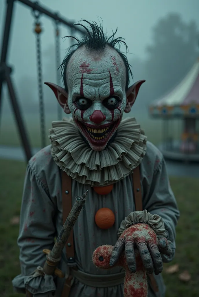 "A creepy, hyper-realistic clown, with an empty facial expression and completely black eyes,  without pupils or brightness . The makeup is grotesque, with dark and blotchy colors, as if it had been applied in a sloppy and disturbing way. The nose is small ...