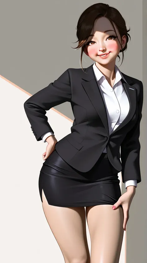 ultra-detailed office lady, tight pencil skirt, flushed cheeks, slightly open lips, playful smile, confident but shy gaze, panty lines visible, realistic lighting, soft shadows, indoor office background, teasing yet elegant posture, ultra-detailed shading,...