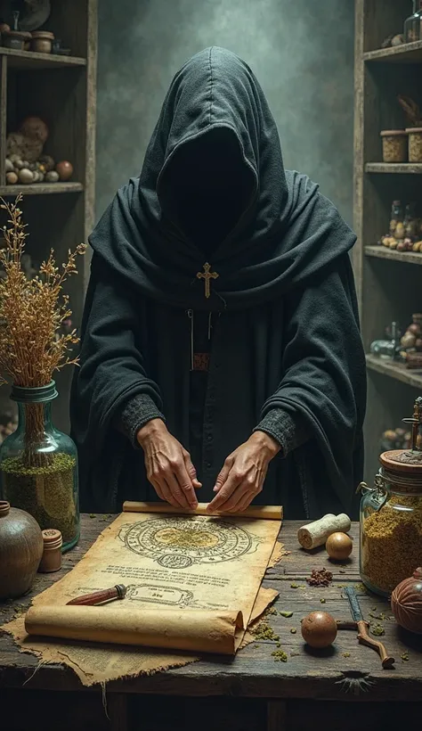 Ancient medieval medicine being prepared in a dark and eerie setting, strange artifacts, bones, and old scrolls.
