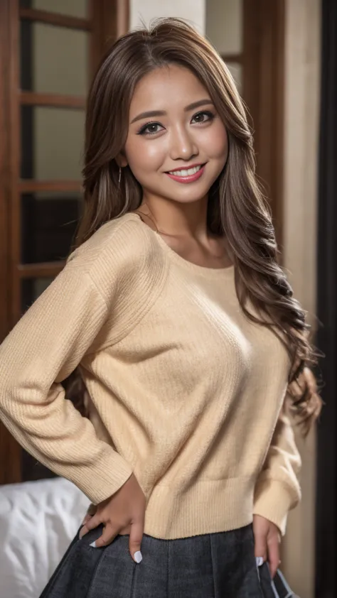  top quality, masterpiece, 8k, super high resolution, ( photorealistic:1.4), 1 girl 、 symmetrical eyes、 long legs (1.3)、 long dark brown hair 、smile、 、whole body、 small tits、 miniskirt、 standing and smiling , Long Sleeve,  ruffle mini skirt, 