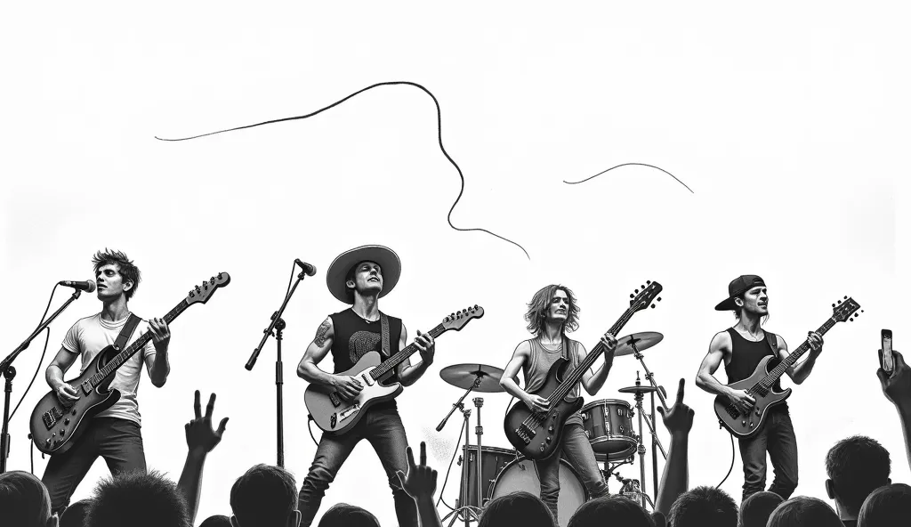 "A black-and-white sketch-style digital illustration of the rock band performing on stage, The scene is full frame, with a white background and rough pencil strokes defining the figures and instruments, ((a lead singer with short hair gripping microphone t...