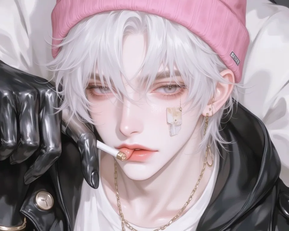 ( nonsense,    high definition ,    Details ),solo, looking at viewer, short hair, shirt, 1boy, hat, hair between eyes, jewelry, sitting, collarbone, jacket, upper body, white hair, male focus, food, hood, necklace, black jacket, tank top, candy, bandaid, ...