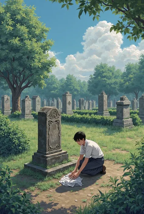 Poster of a person cleaning a grave   