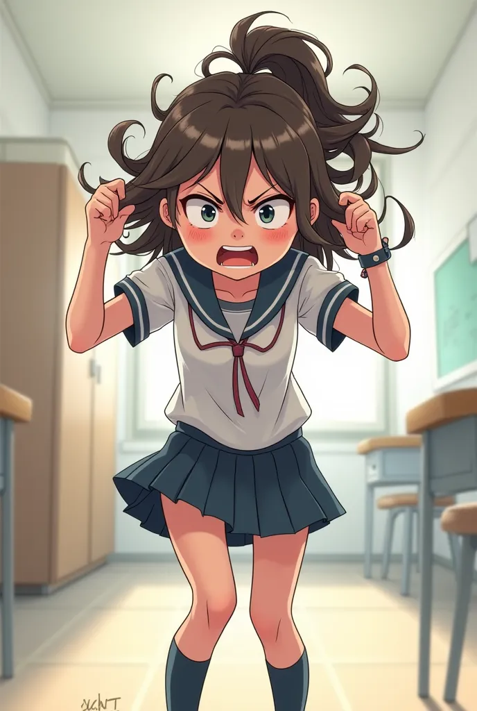 Annoying schoolgirl girl pulling her hair