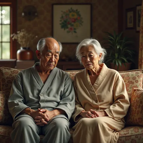 An elegant Japanese elderly couple looks sad
I'm in a living room with luxurious furniture
Sitting slowly on the sofa
Relaxing in loose loungewear

photorealistic　exhaustive　TOP QUALITY