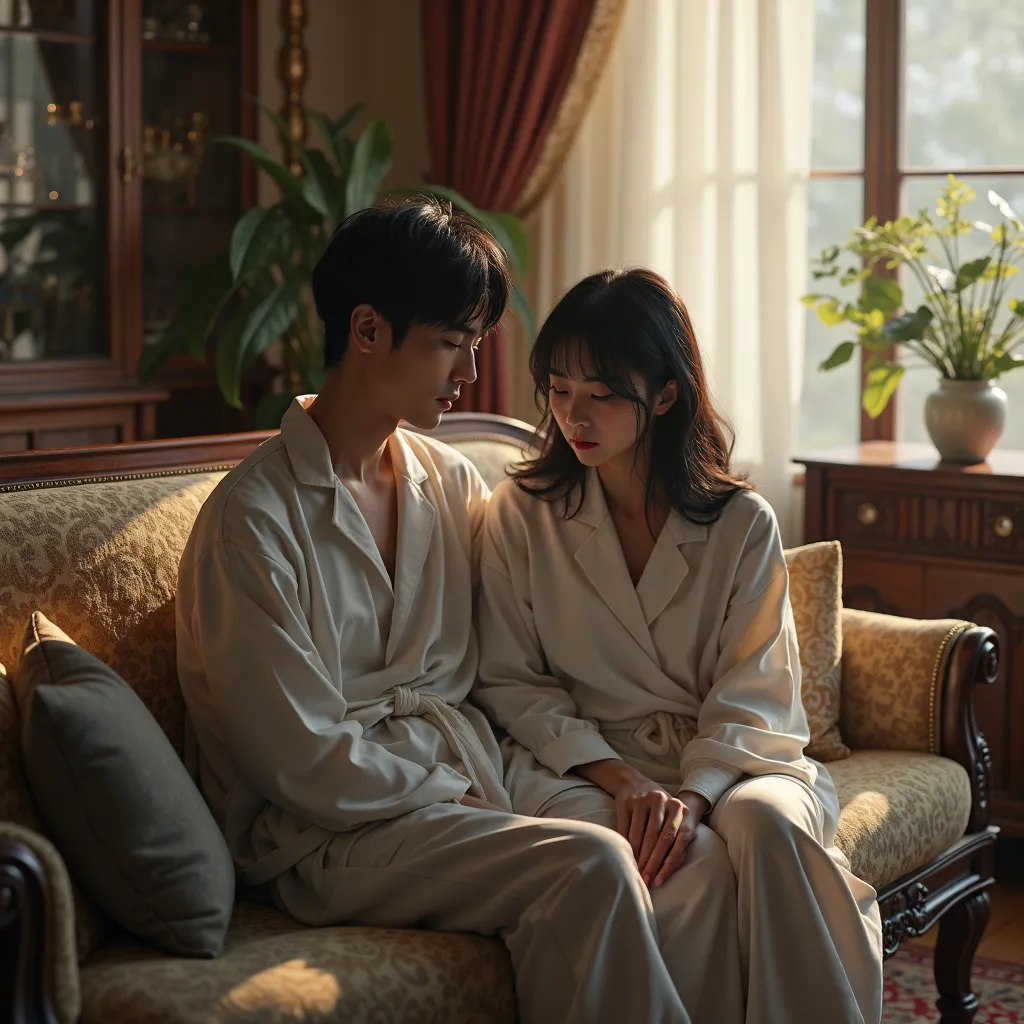 A classy Japanese couple is looking sad
I'm in a living room with luxurious furniture
Sitting slowly on the sofa
Relaxing in loose loungewear

photorealistic　exhaustive　TOP QUALITY