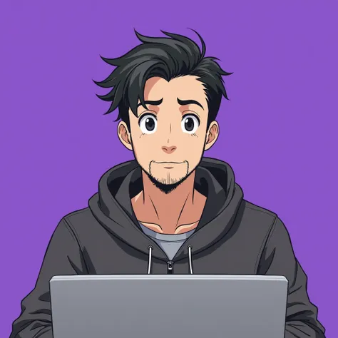 create a profile picture of an anime-style man in his 30s wearing a hoodie, a light beard, neat black hair, and black eyes. The man is looking straight ahead at a computer screen. The background is a solid, vibrant purple. The overall style is clean and de...