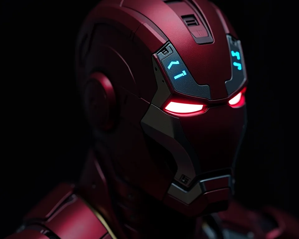 Iron Man's face、Front face halfway to the right、Red glowing eyes「The JTX 」and blue glowing letters in red eyes、high definition, masterpiece, anatomically correct, TOP QUALITY, high detail, Ultra Fine, simple background,  black background、close-up, Focus: 3...