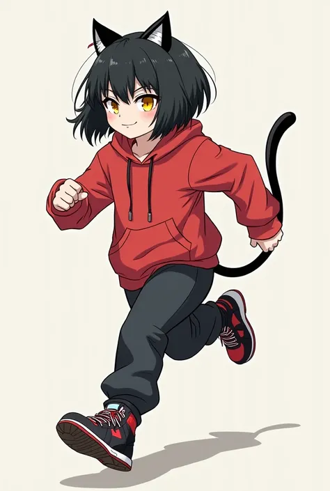 young girl, full-length, in a red hoodie. bob haircut, black hair color, tomboy. monotone background. yokai horns. sports sneakers with a black base color and red lines. black sweatpants. yellow eyes, black cat tail, pale skin. aggressive pose. running