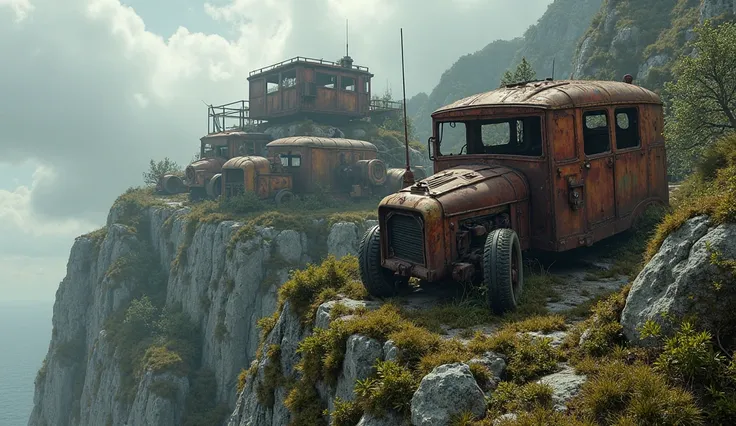 Wrecked vehicles and machinery, abandoned on rocky cliffs, overgrown with plants, weathered textures, dramatic clouds