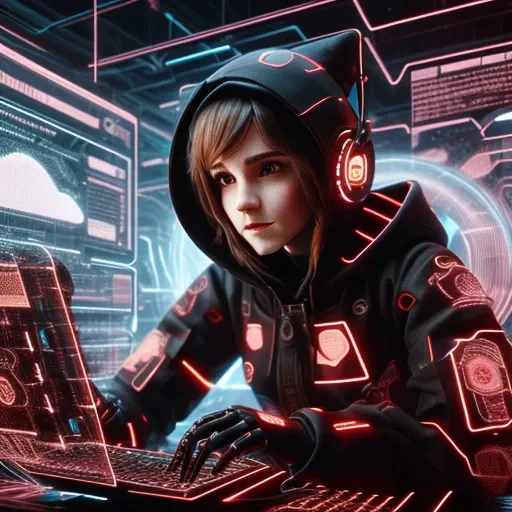 Emma Watson beautiful in cyberspace, Hyperspace, hacking a complex computer network - hackingui,  user interface , Hood ,  red and black 