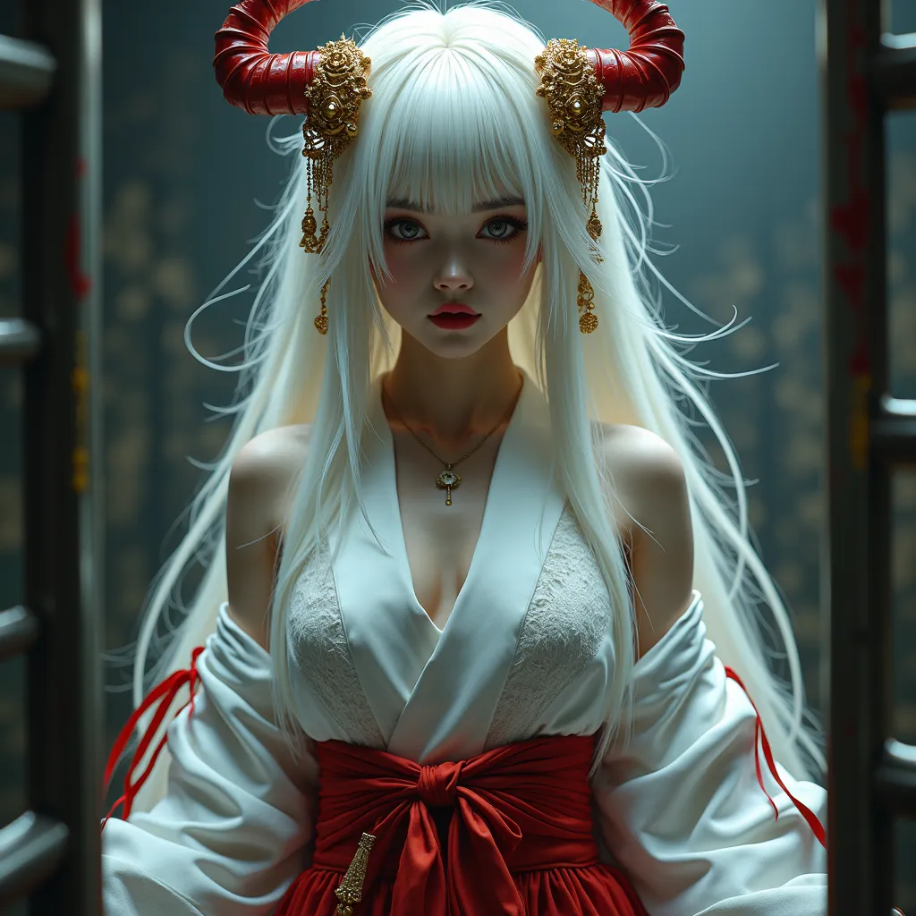  Super High Definition,Greatest Masterpiece,16k,highly detailed sleeveless white hakama,Japanese style, extremely detailed hair,cool vibe,very detailed face,18 years old,bright white hair all over, extremely detailed hair飾り,very complicated hair ornament,H...