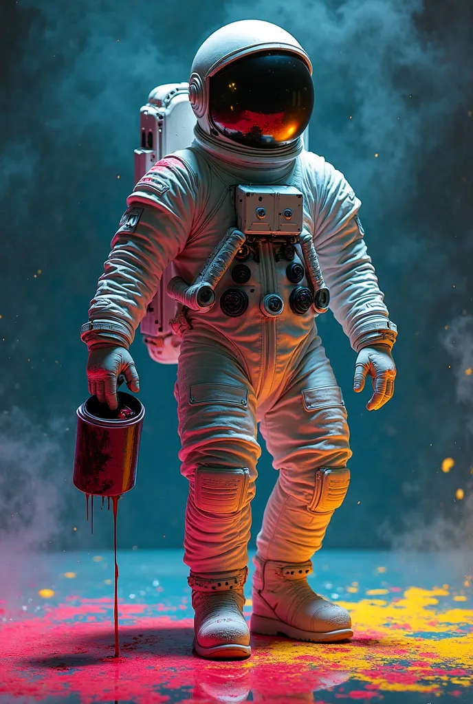 An astronaut seen from the front, wearing a detailed space suit, with parts of the costume soiled with ink in the colors # 720d49 , #3b0b42 e #27083d . He holds an open black ink can in one of his hands, containing vibrantly colored ink #e00f32.  The envir...