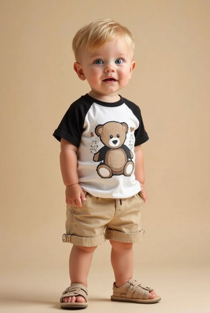 A beautiful baby boy is standing,  fair skin, cheeks, glowing eyes curious look.  blond hair, short, hairstyles.  slightly open mouth , cute expression. White and black t-shirt with geometric print, little teddy bear in the center, round neck,  short sleev...