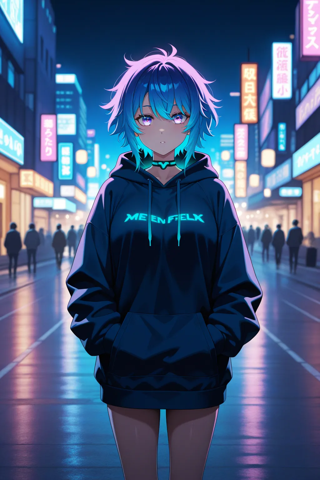 An anime-style age girl standing under neon-lit city lights at midnight, wearing an oversized hoodie with glowing accents. Her short messy hair is deep blue with hints of purple, and her eyes reflect the digital noise of the futuristic cityscape. A melanch...