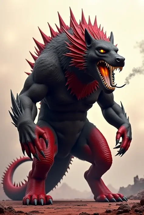 This hybrid monster is half black wolf and a red dragon scales and walks on two red dragon legs with black fur and long red tail with black spikes and long red mane 