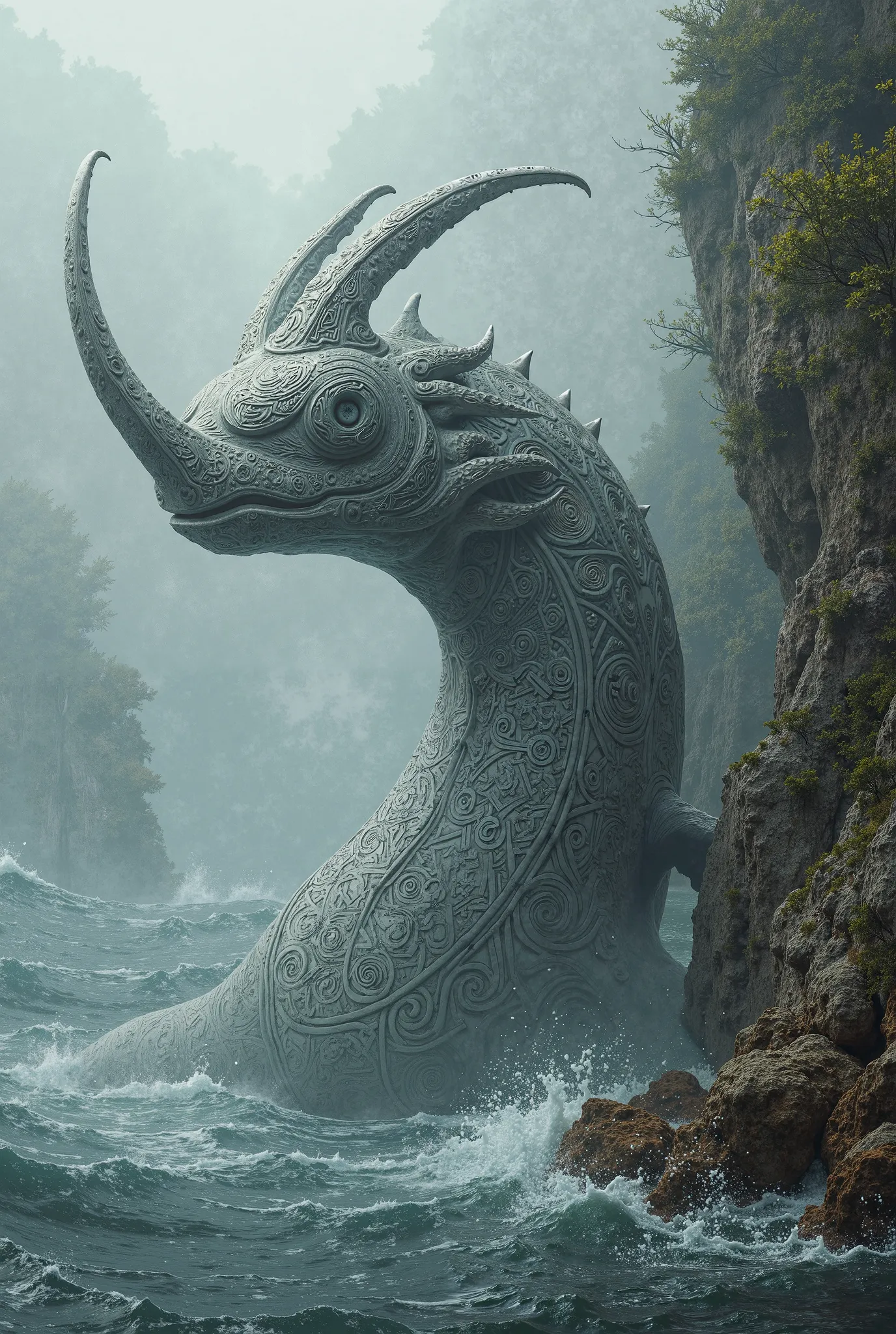 Make a png image of a narwhal mixed with the Loch Ness monster with a horn in the tribal style