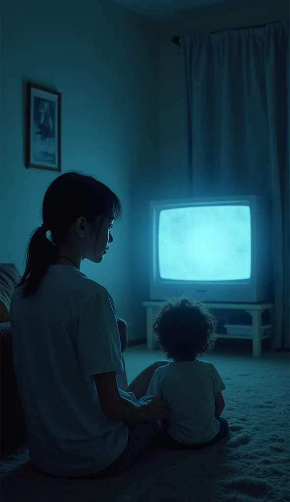 A babysitter in a dark room watching the television
