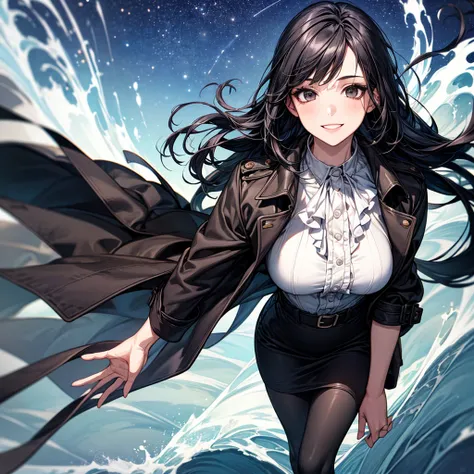 blouse,  skirt,  black hood , trench coat, pantyhose, 
starry sky, colorful, Western Territory, 
undulating scenery on soft ground, Starry fog moving like waves, walking through a field is like floating, and the stars above the sky reflect the stars below,...