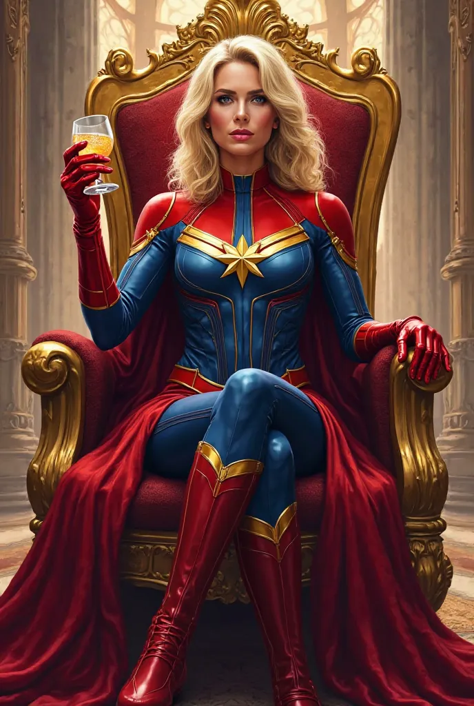 Capitaine marvel en blonde assise sur un trone avec un verre a la main 