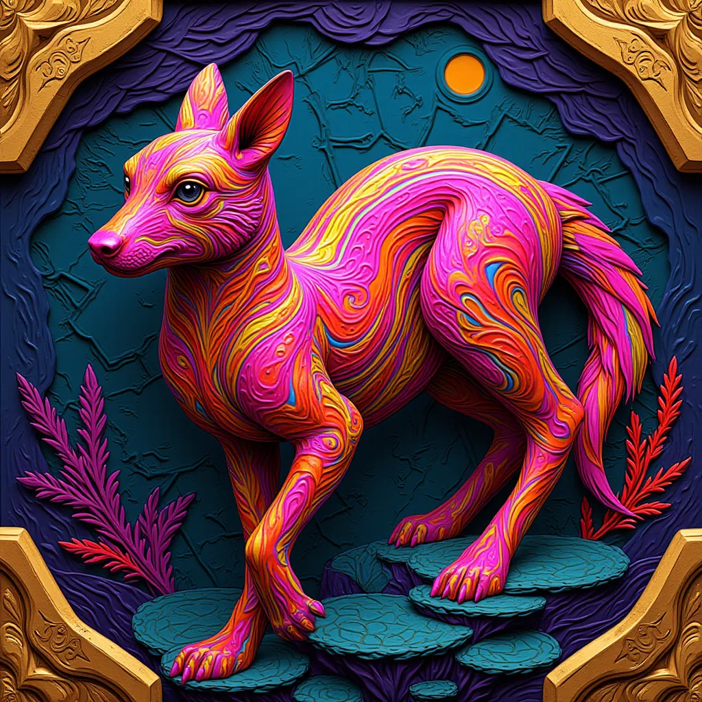 NFT 3d woodcut colorful flashy animal