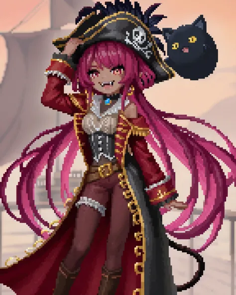 A girl with the ears and tail of a black-skinned cat, dark pink hair, wearing a pirate outfit with a large hat, very long hair,  smiling showing fangs, sexy, on a pirate ship with the sky in the background 