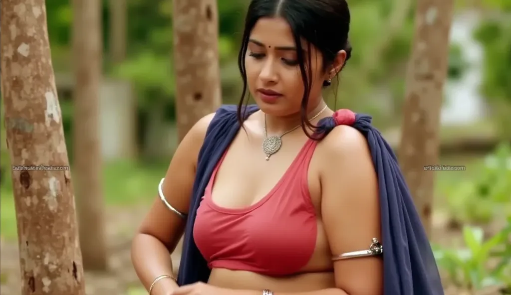 Lady Pretty like princess, Indian woman is wet, she is wearing dark blue transparent saree on a bright red blouse, navel exposed, Large U Cut cleavage exposed, tight ,she is sweating heavily while washing dishes, sweat droplets are visible on her body, red...