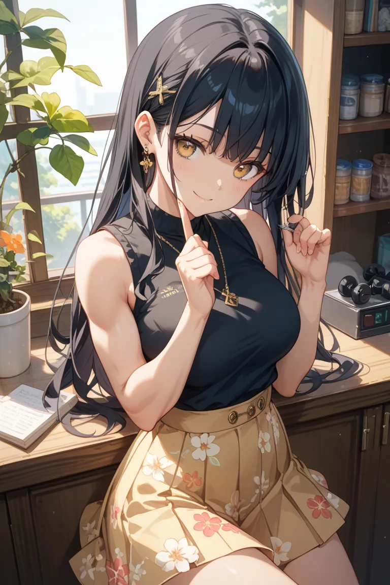  anime style、solo、cute girl、 high school girl、 muscular。long black hair and golden eyes（ gold）、There is a clean and calm atmosphere。

A scene where I'm doing strength training using dumbbells in my room。
clothing：Sleeveless black top x floral skirt