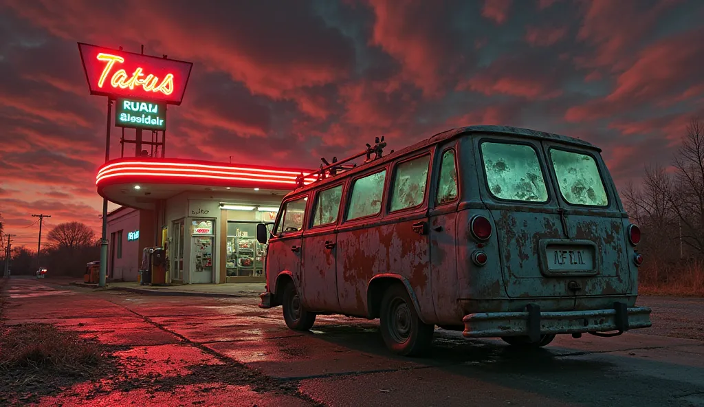 An old, rusted van parked outside the gas station, its headlights off. The sky above is a swirling mix of deep red and black, with no stars visible. The van’s tinted windows reflect the eerie glow of the gas station’s neon sign, and the ground around it is...