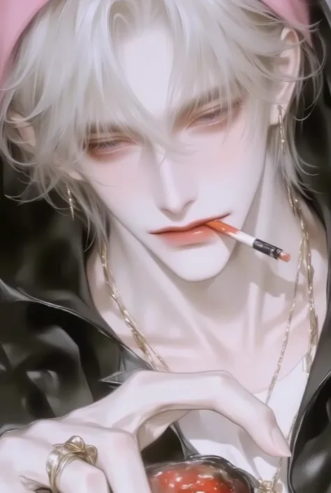 solo, looking at viewer, short hair, shirt, 1boy, hat, hair between eyes, jewelry, sitting, collarbone, jacket, upper body, white hair, male focus, food, hood, necklace, black jacket, tank top, candy, bandaid, cigarette, lollipop, beanie, bandaid on face, ...