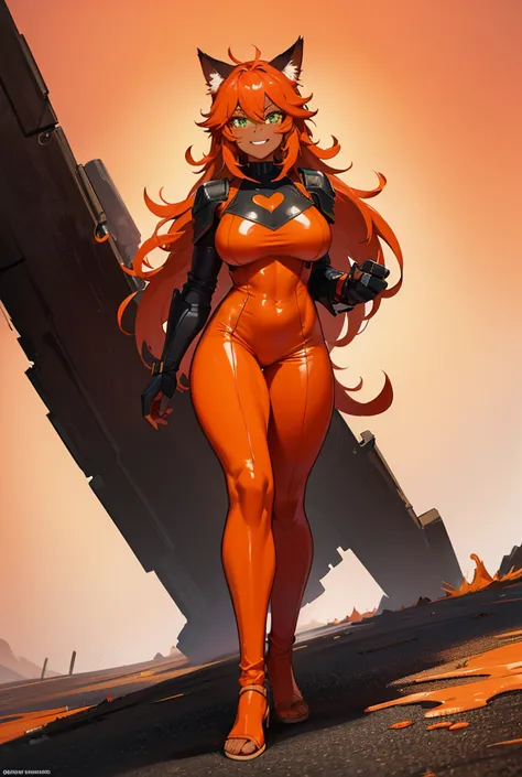 A tall, large, black skinned, tough 
, muscular beautiful woman ,with cat ears, Orange cinder freckles. Green eyes, orange, ornage colored wild messy long flaming fiery hair. she has cat feet, a tail, , a white outfit , full body armor , a valentines Day t...