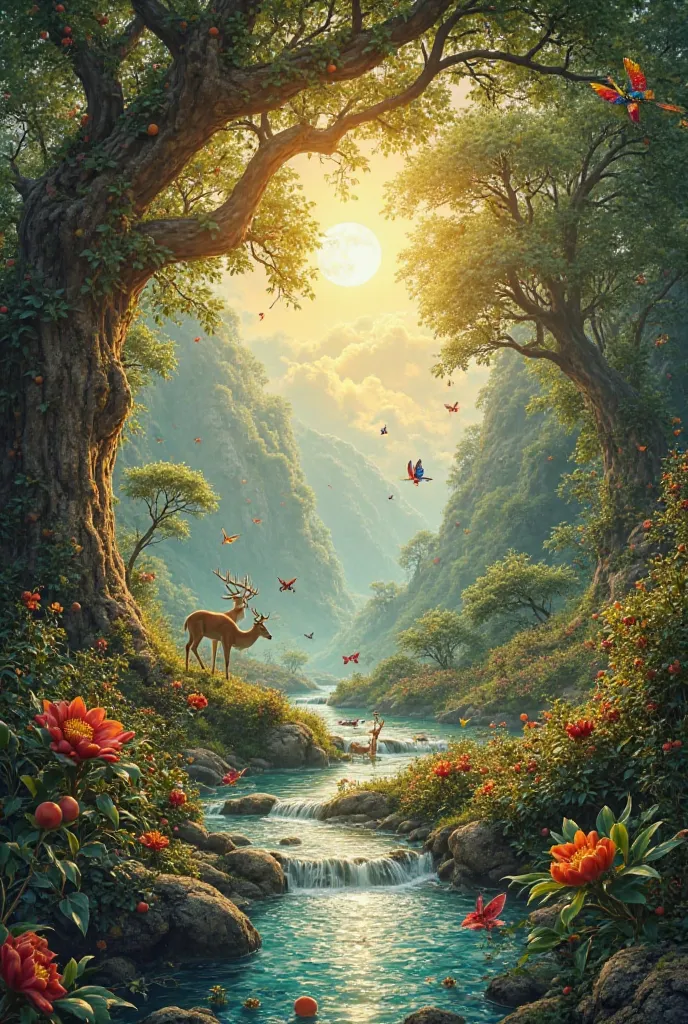 "An exuberant setting of the Garden of Eden, as seen through the eyes of Adam as he walks through an untouched paradise. Giant trees with vibrant fruits spread everywhere, crystalline streams flow between the rocks,  reflecting the golden glow of the sun ....