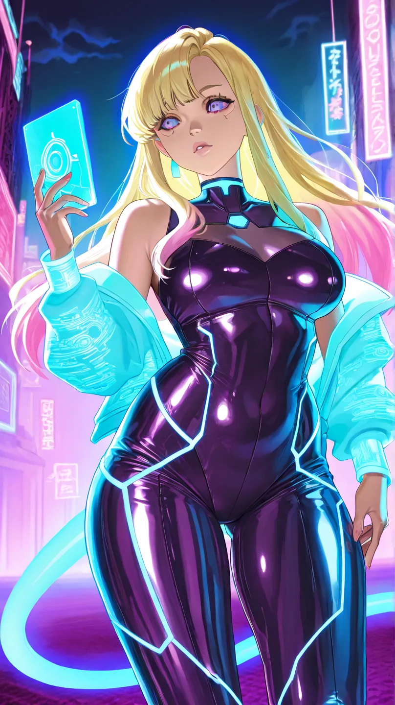 "A cyberpunk version of Cinderella, disney princess, portrayed as an attractive woman, with large breasts and a perfect body. She has delicate features,  but with a futuristic touch : blonde hair with neon colored highlights (purple, blue and pink), shiny ...