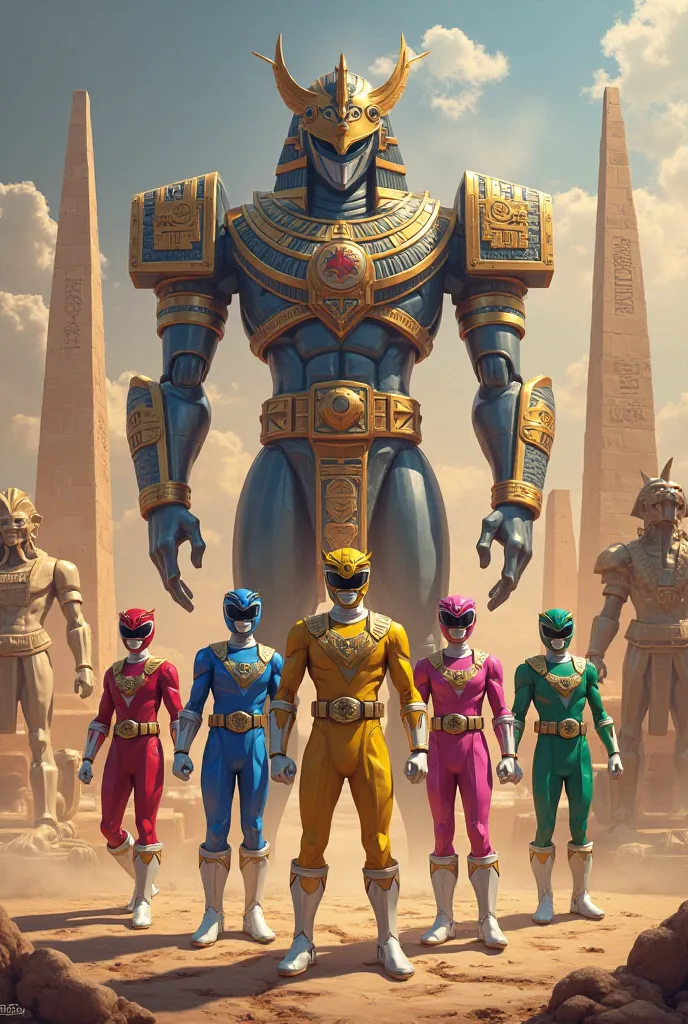 Create an image based on Power Rangers with 5 different colors and that is Egypt themed , Also create a megazord for the setting in the background with the Egyptian sphinxes and gods 